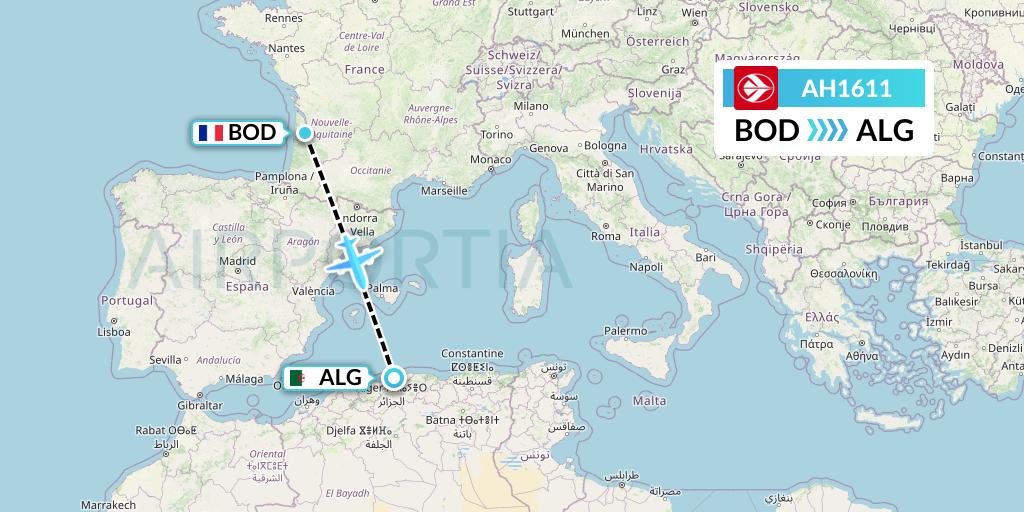 AH1611 Air Algerie Flight Map: Bordeaux to Algiers