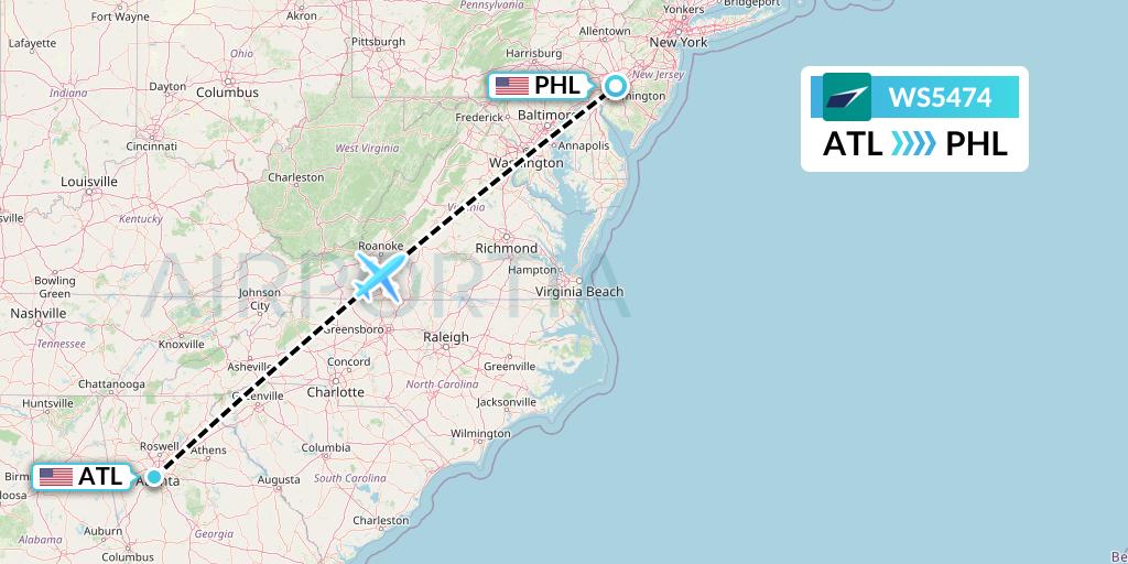 WS5474 WestJet Flight Map: Atlanta to Philadelphia