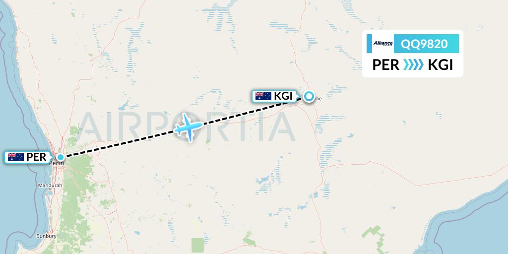 QQ9820 Alliance Airlines Flight Map: Perth to Kalgoorlie