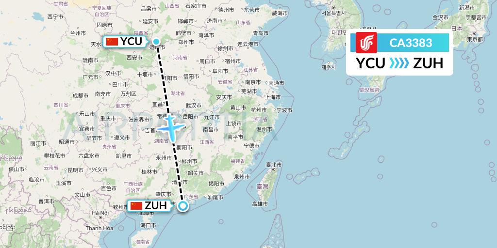 CA3383 Air China Flight Map: Yuncheng to Zhuhai