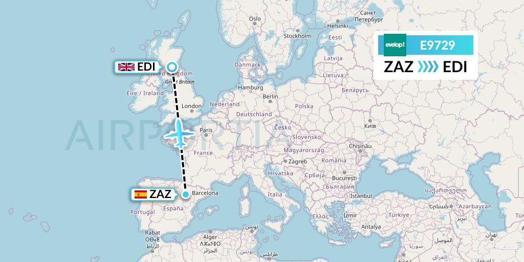 E9729 Evelop Airlines Flight Map: Zaragoza to Edinburgh