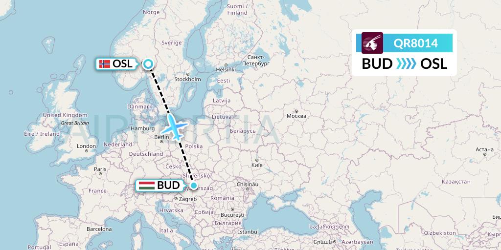QR8014 Qatar Airways Flight Map: Budapest to Oslo
