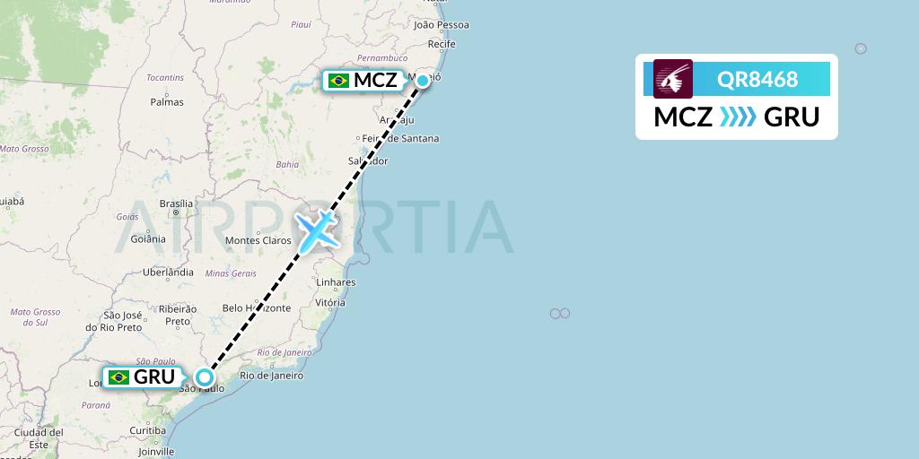 QR8468 Qatar Airways Flight Map: Maceio to Sao Paulo