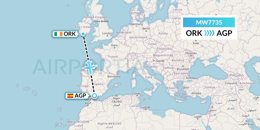 MW7735 Mokulele Flight Service Flight Map: Cork to Malaga