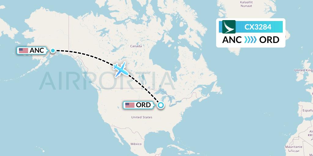 CX3284 Cathay Pacific Flight Map: Anchorage to Chicago