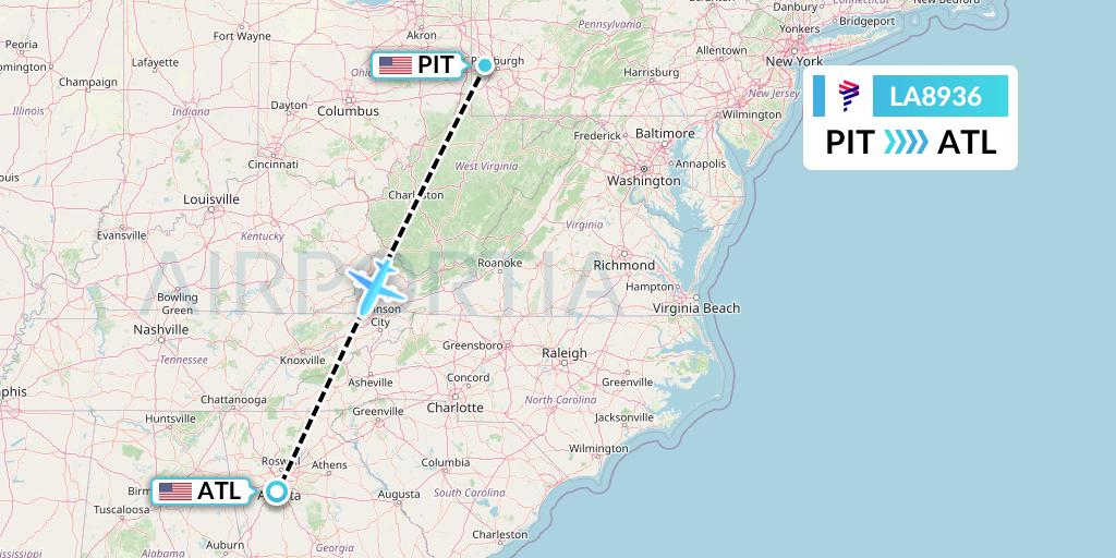 LA8936 LAN Airlines Flight Map: Pittsburgh to Atlanta