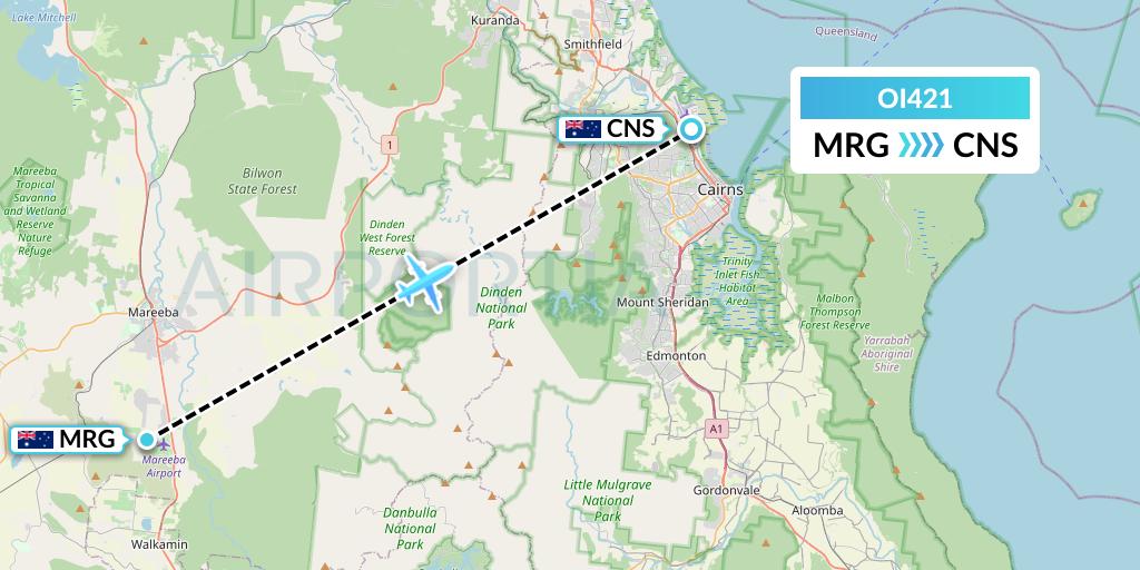 OI421 Hinterland Aviation Flight Map: Mareeba to Cairns