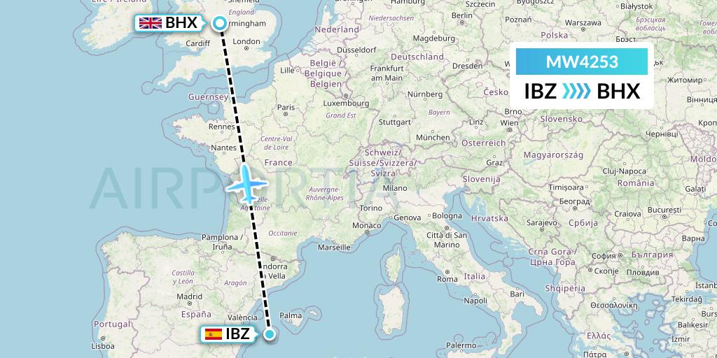 MW4253 Mokulele Flight Service Flight Map: Ibiza to Birmingham