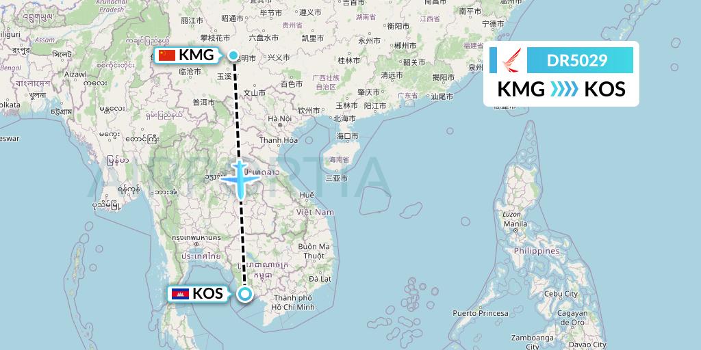 DR5029 Ruili Airlines Flight Map: Kunming to Sihanoukville
