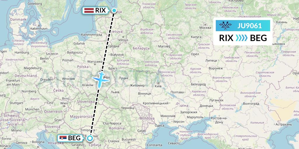 JU9061 AirSERBIA Flight Map: Riga to Belgrade