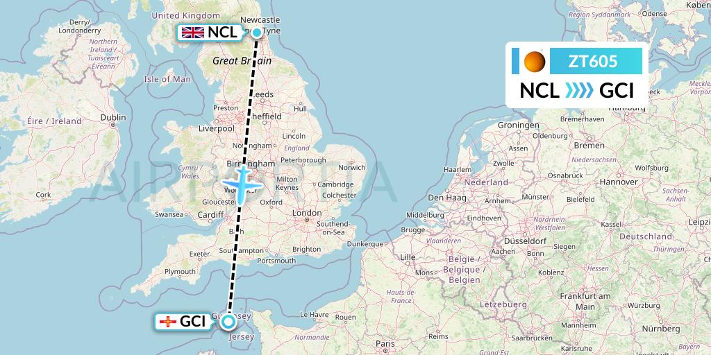 ZT605 Titan Airways Flight Map: Newcastle to Guernsey
