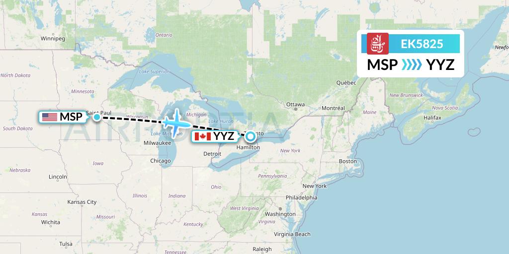 EK5825 Emirates Flight Map: Minneapolis to Toronto