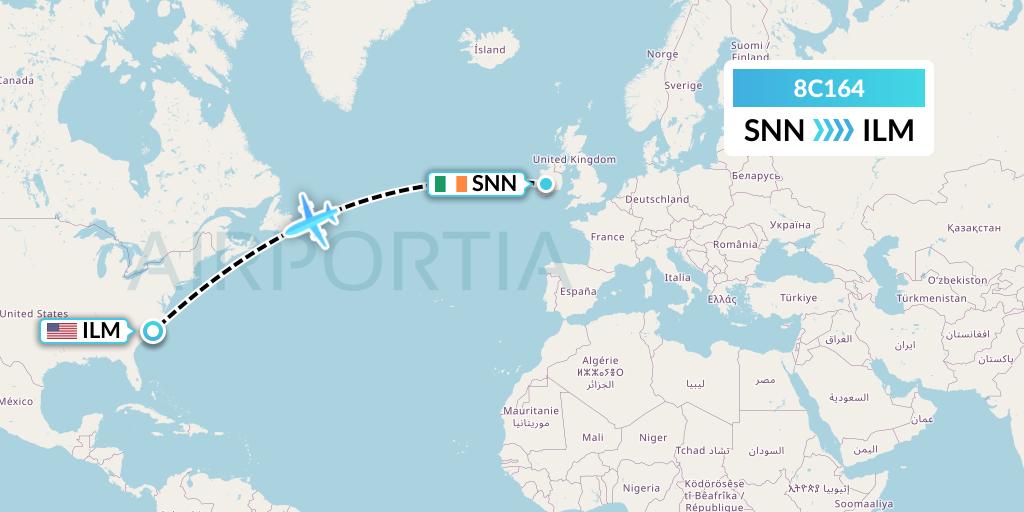 8C164 Air Transport International Flight Map: Shannon to Wilmington