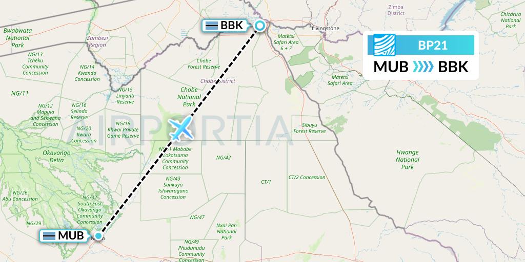 BP21 Air Botswana Flight Map: Maun to Kasane