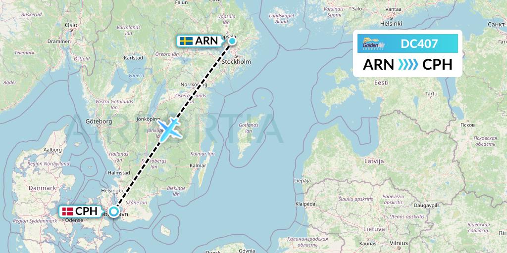 DC407 Braathens Regional Flight Map: Stockholm to Copenhagen