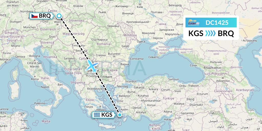 DC1425 Braathens Regional Flight Map: Kos to Brno