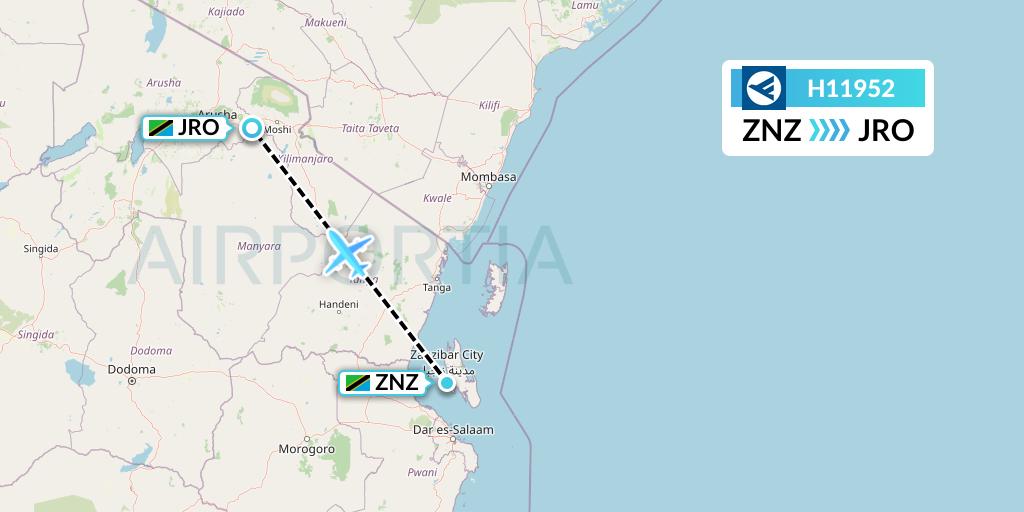 H11952 Hahn Air Systems Flight Map: Zanzibar to Kilimanjaro