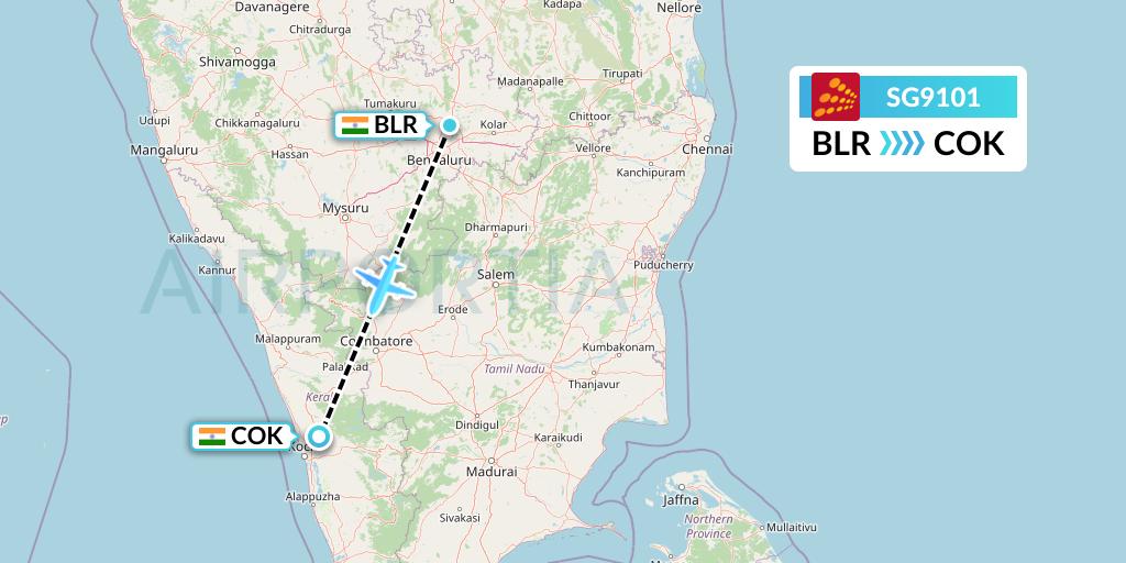 SG9101 SpiceJet Flight Map: Bangalore to Cochin