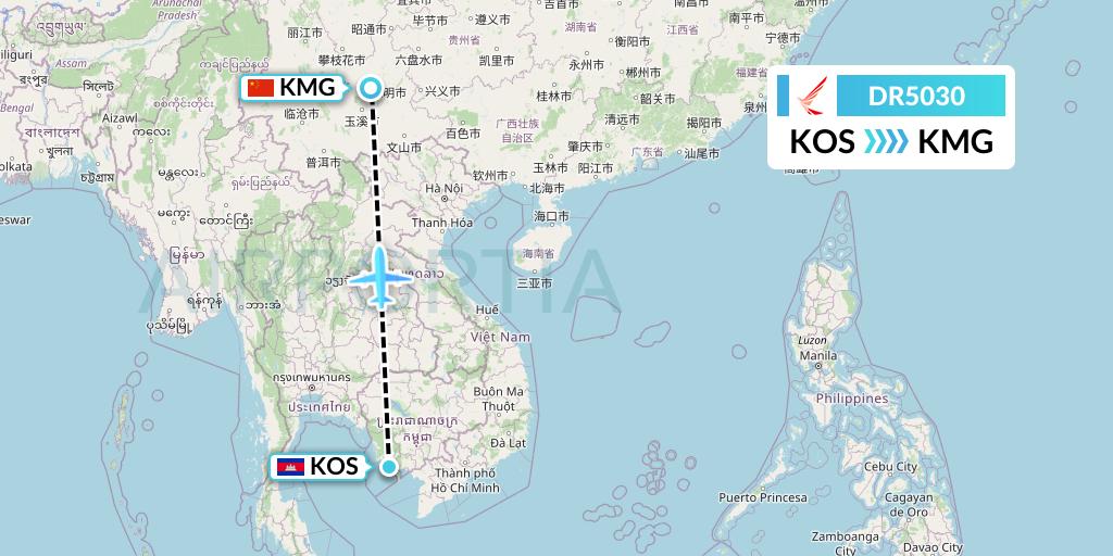 DR5030 Ruili Airlines Flight Map: Sihanoukville to Kunming