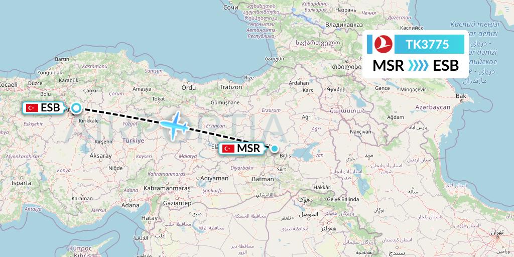 TK3775 Turkish Airlines Flight Map: Mus to Ankara