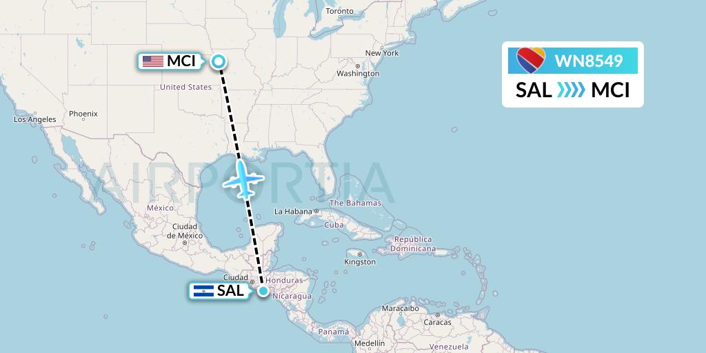 WN8549 Southwest Airlines Flight Map: San Salvador to Kansas City