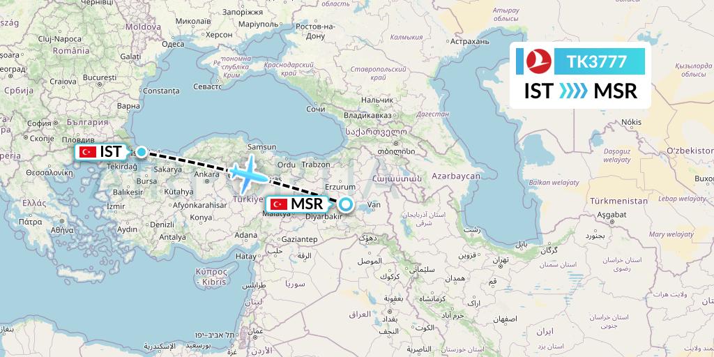 TK3777 Turkish Airlines Flight Map: Istanbul to Mus