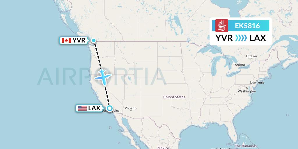 EK5816 Emirates Flight Map: Vancouver to Los Angeles