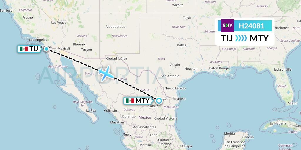 H24081 Sky Airline Flight Map: Tijuana to Monterrey