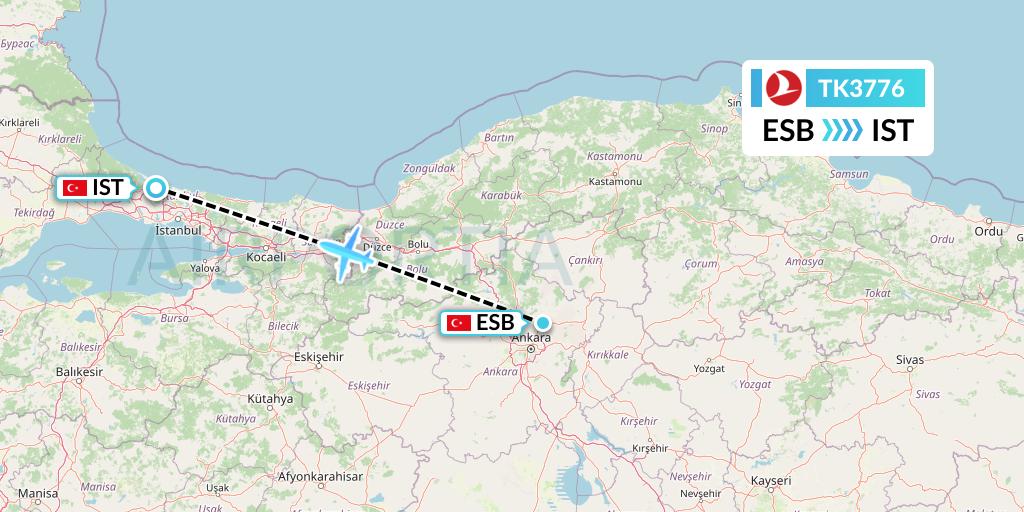 TK3776 Turkish Airlines Flight Map: Ankara to Istanbul