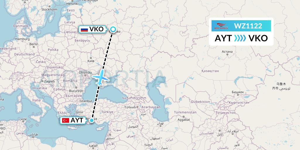WZ1122 Red Wings Flight Map: Antalya to Moscow