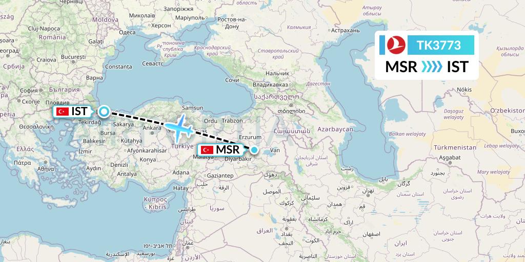 TK3773 Turkish Airlines Flight Map: Mus to Istanbul