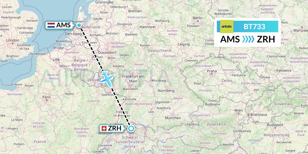 BT733 Air Baltic Flight Map: Amsterdam to Zurich