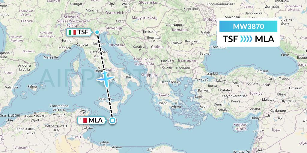 MW3870 Mokulele Flight Service Flight Map: Treviso to Malta