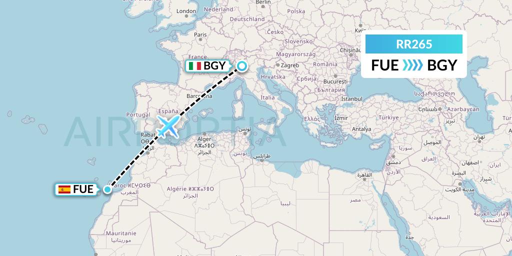 RR265 Royal Air Force Flight Map: Fuerteventura to Milan