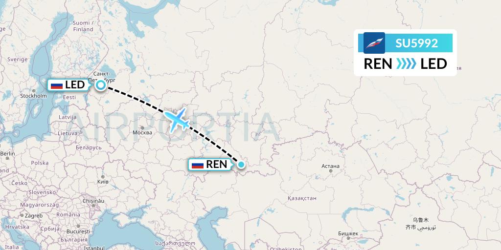 SU5992 Aeroflot Flight Map: Orenburg to St. Petersburg