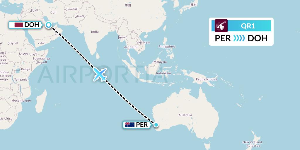 QR1 Qatar Airways Flight Map: Perth to Doha