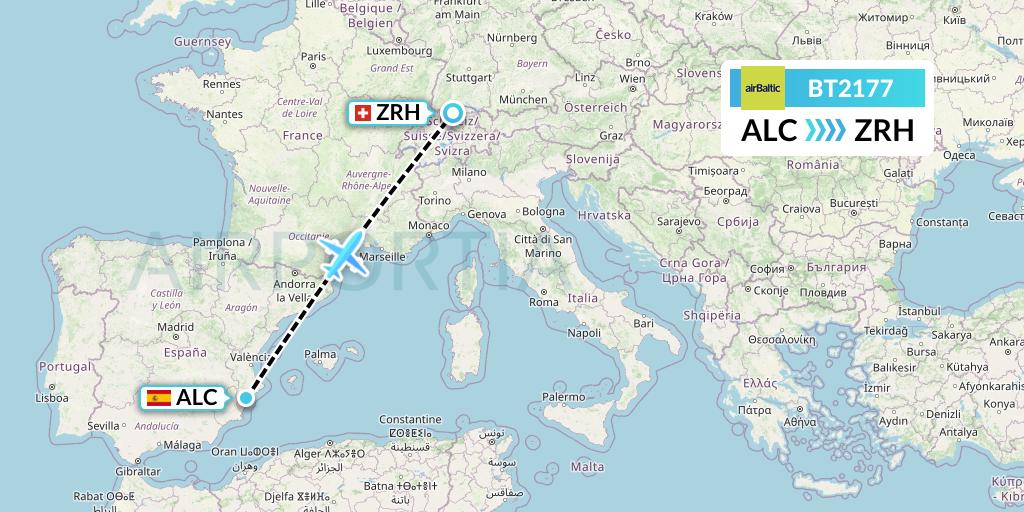 BT2177 Air Baltic Flight Map: Alicante to Zurich