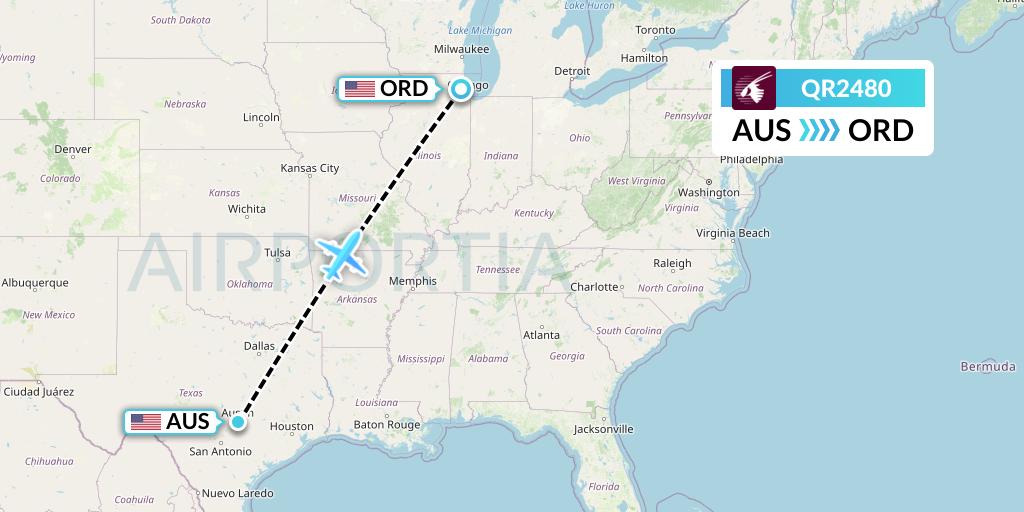 QR2480 Qatar Airways Flight Map: Austin to Chicago