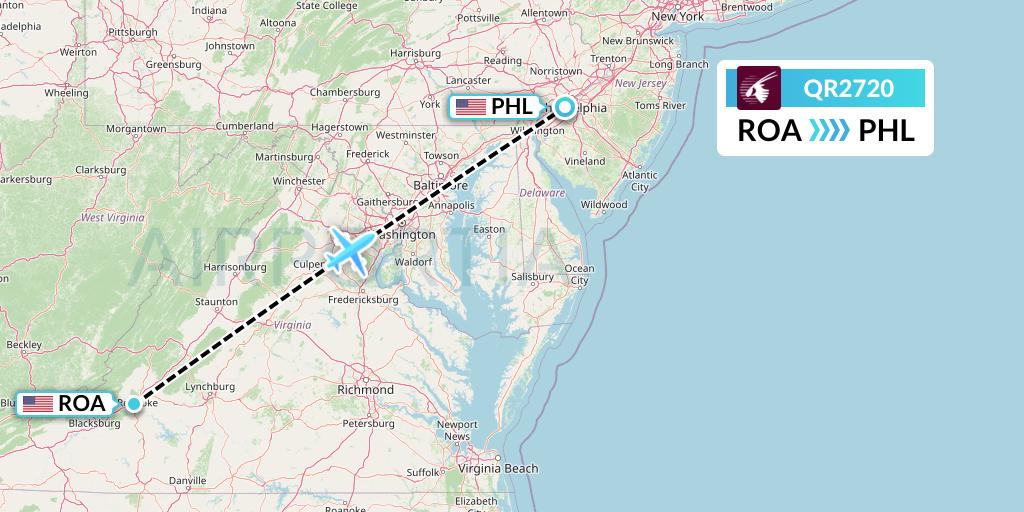 QR2720 Qatar Airways Flight Map: Roanoke to Philadelphia