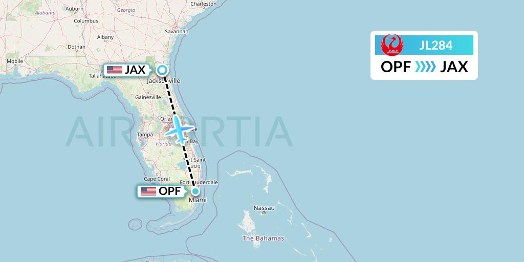 JL284 Japan Airlines Flight Map: Miami to Jacksonville