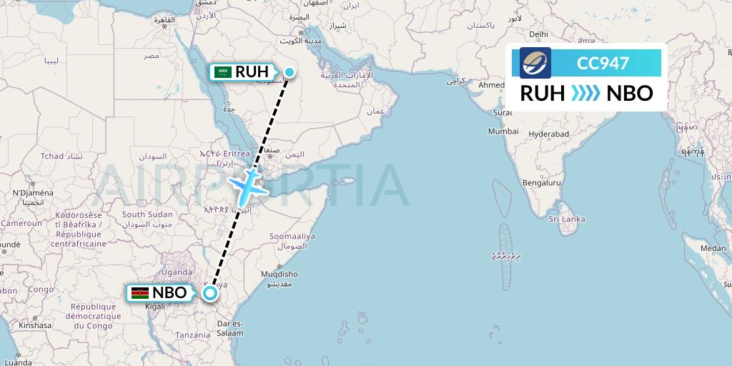 CC947 CM Airlines Flight Map: Riyadh to Nairobi