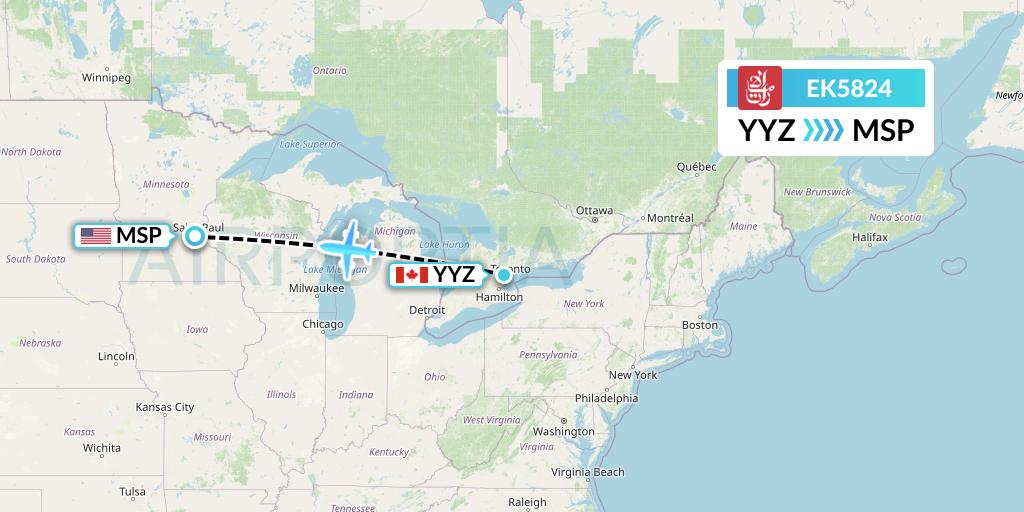 EK5824 Emirates Flight Map: Toronto to Minneapolis