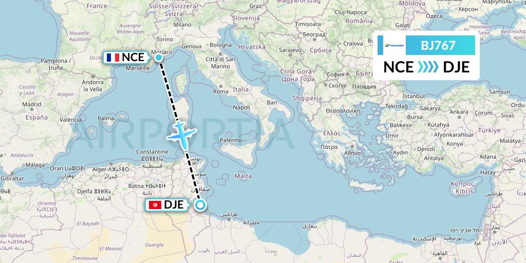 BJ767 Nouvelair Tunisie Flight Map: Nice to Djerba