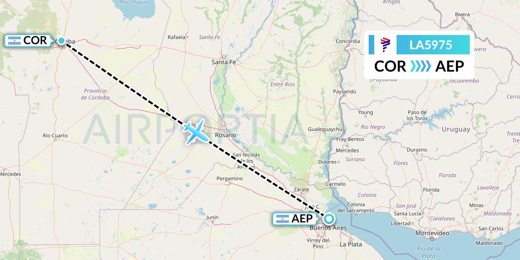 LA5975 LAN Airlines Flight Map: Cordoba to Buenos Aires