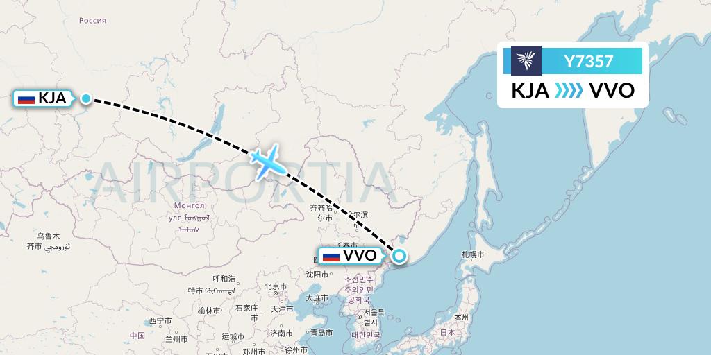 Y7357 NordStar Flight Map: Krasnoyarsk to Vladivostok