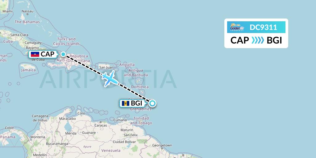 DC9311 Braathens Regional Flight Map: Cap-Haitien to Bridgetown