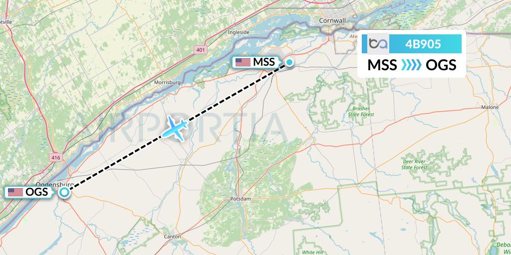 4B905 Boutique Air Flight Map: Massena to Ogdensburg