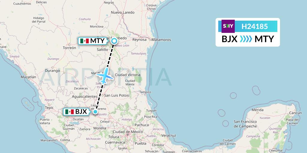 H24185 Sky Airline Flight Map: Silao to Monterrey