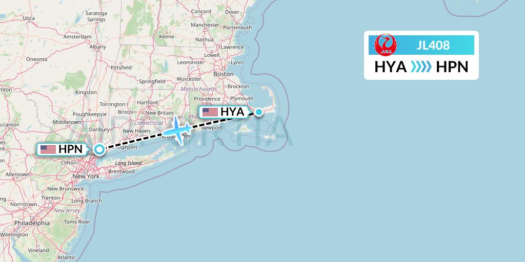 JL408 Japan Airlines Flight Map: Hyannis to White Plains
