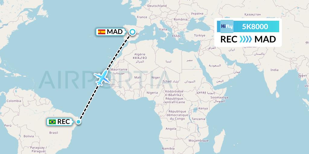 5K8000 Hi Fly Flight Map: Recife to Madrid